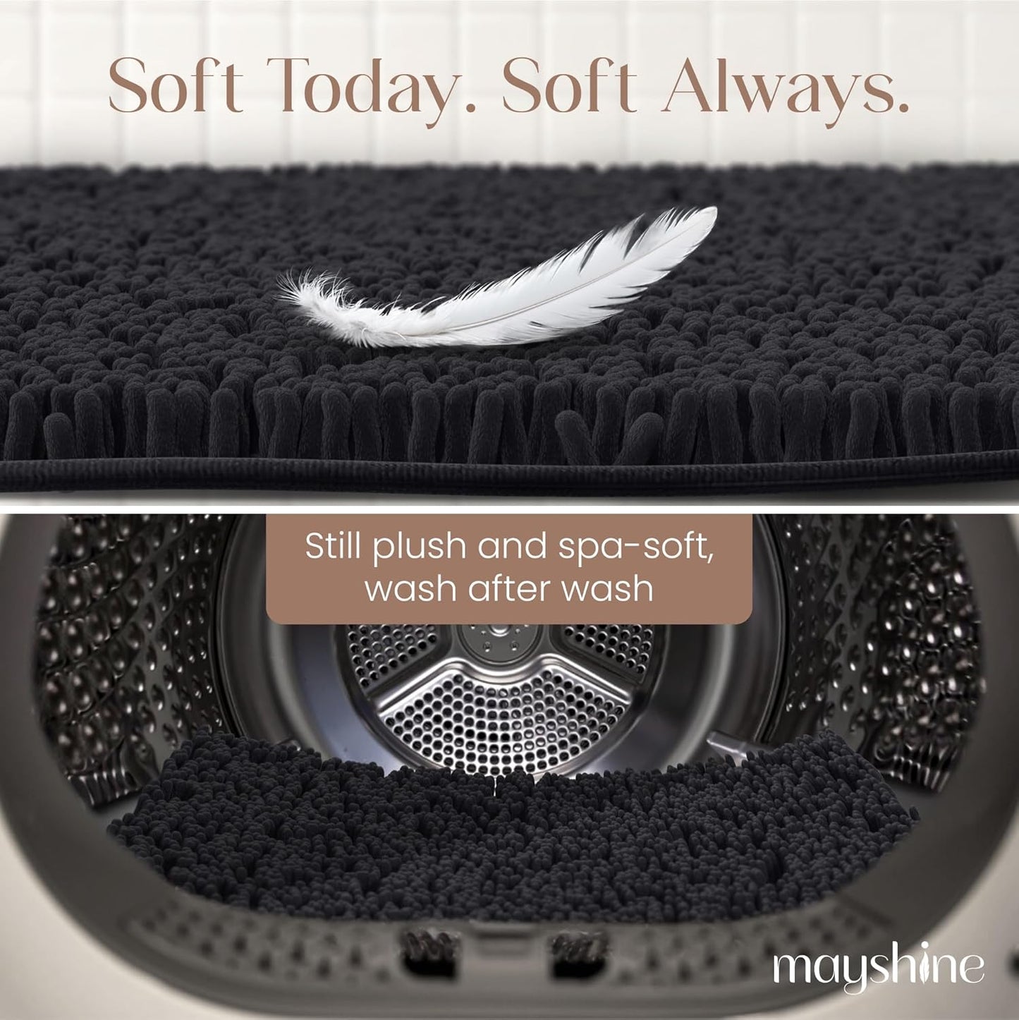 MAYSHINE Plush Shaggy Chenille Bath Mat | Extra Soft, Super Absorbent, Non-Slip Bathroom Rug | Fluffy Microfiber, Area Rug Sets for Bathroom Floor, Kitchen, Living Room | 23"x14" | Black