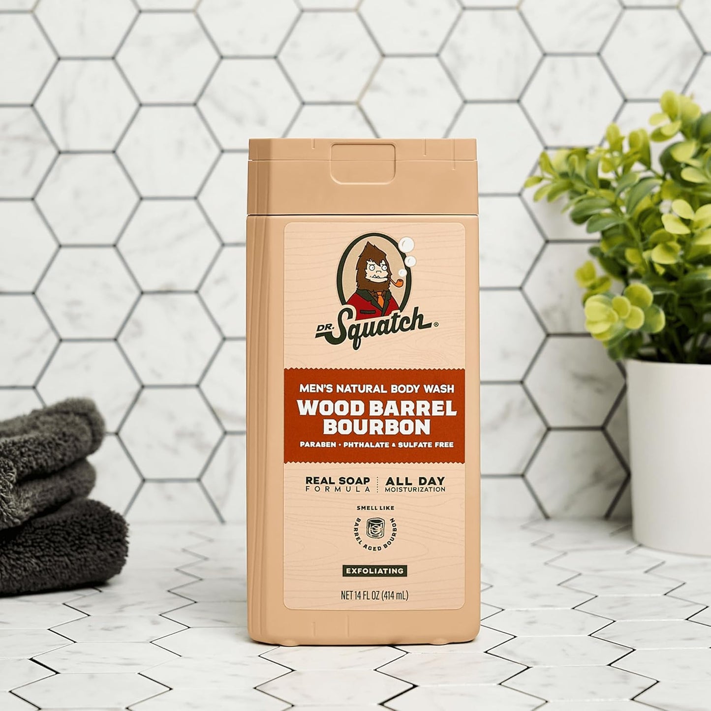 Dr. Squatch NEW Body Wash for Men with Nourishing, Natural Ingredients | No Paraben, Phthalate, Sulfate | Wood Barrel Bourbon (14 oz), Coconut Castaway & Pine Tar (8 oz, 2-Pack) & Body Scrubber