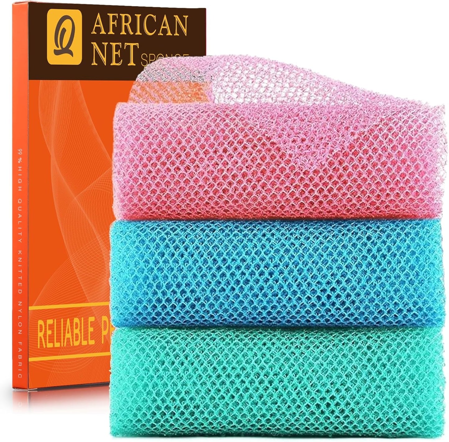 UJFQBH 3 Pieces African exfoliating net African Net Long Net Bath Sponge Exfoliating Shower Body Scrubber Back Scrubber Skin Smoother,Great for Daily Use (Pink, Blue, Green)