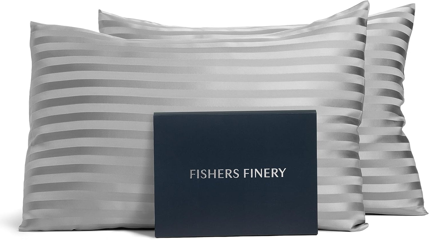 Fishers Finery 25mm 100% Pure Mulberry Silk Pillowcase Set (Gray Stripe King 2 Pack)