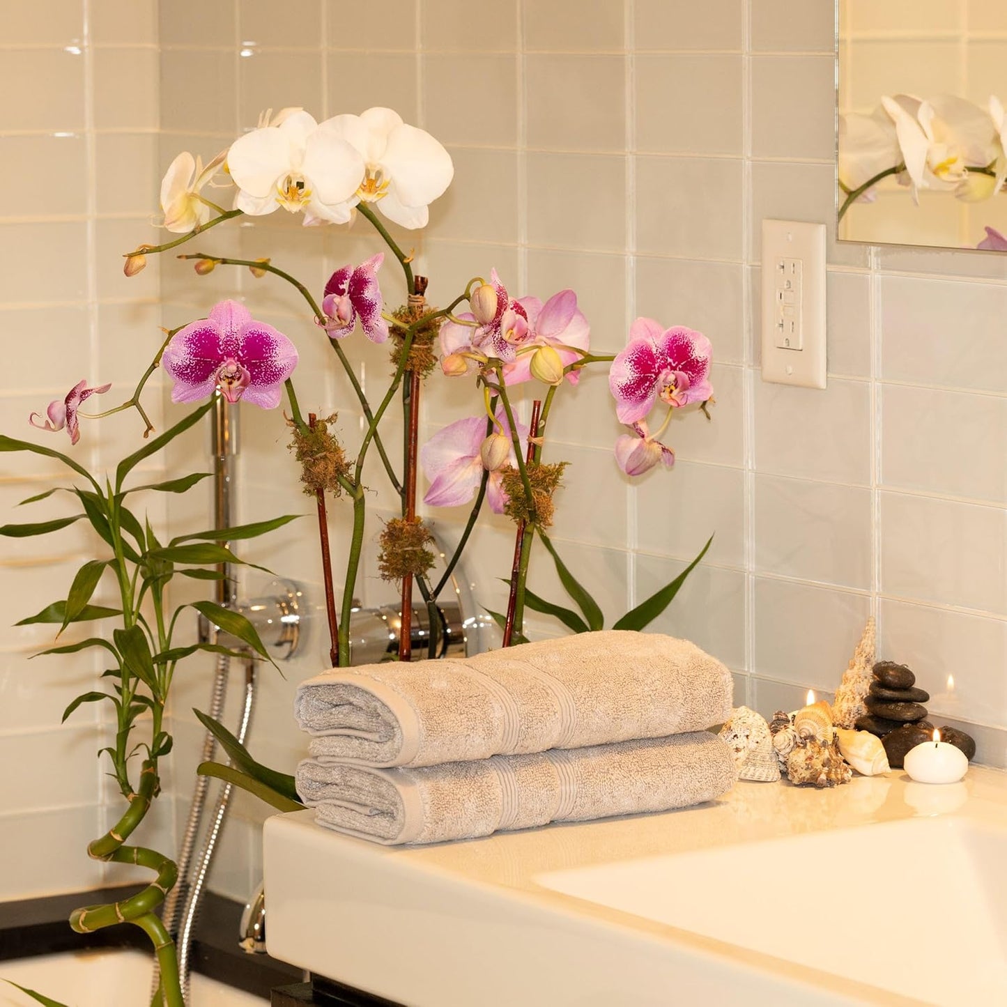 Mosobam Luxury Turkish Set of 2 Hand Towels 16X30 Light Grey (Gray) 700 GSM Bamboo Viscose & Aegean Turkish Combed Cotton