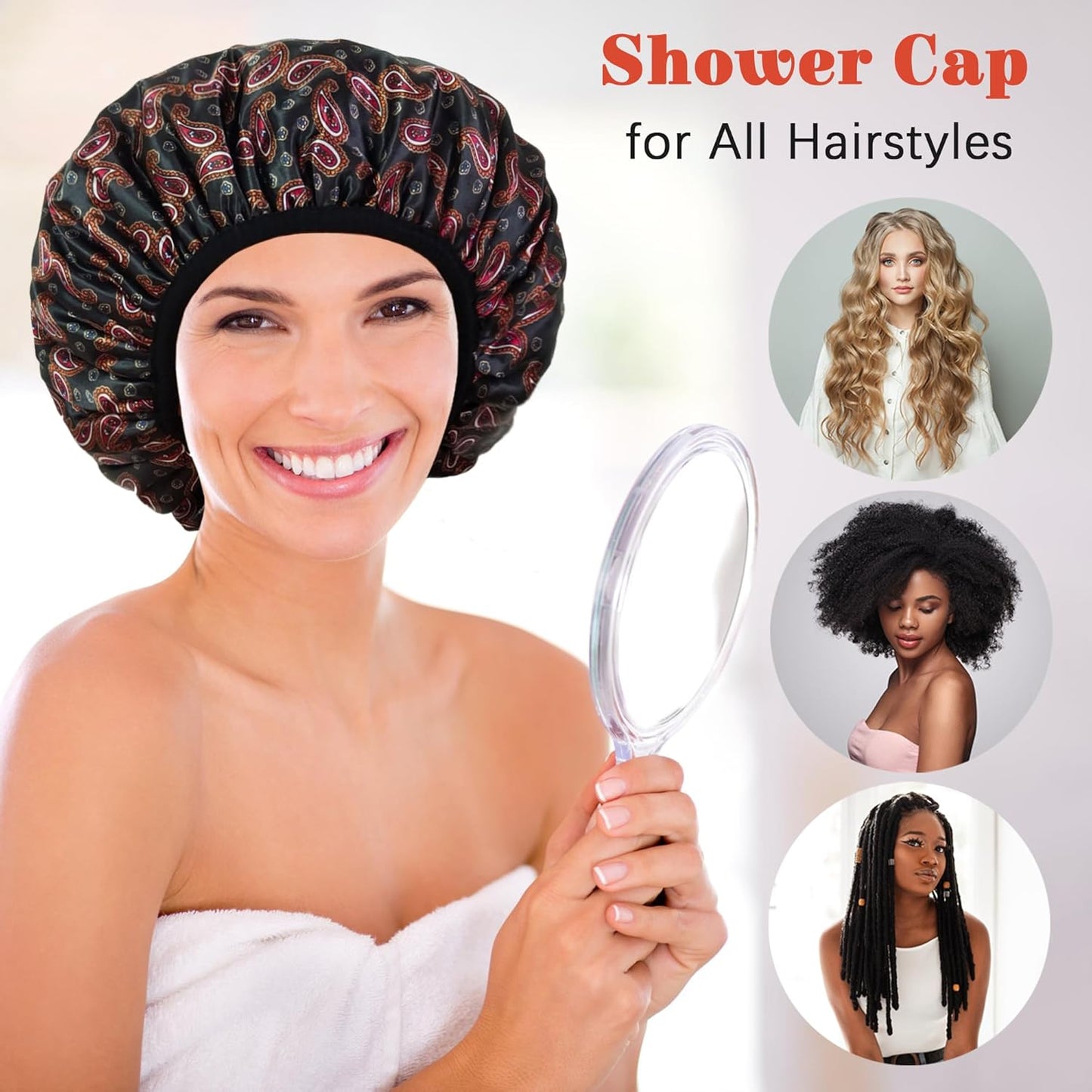 Shower Cap Reusable Waterproof, Terry Lined Shower Caps for Women, Triple Layer Hair Cap for Shower, Large Plastic Shower Cap for Braids Long Hair