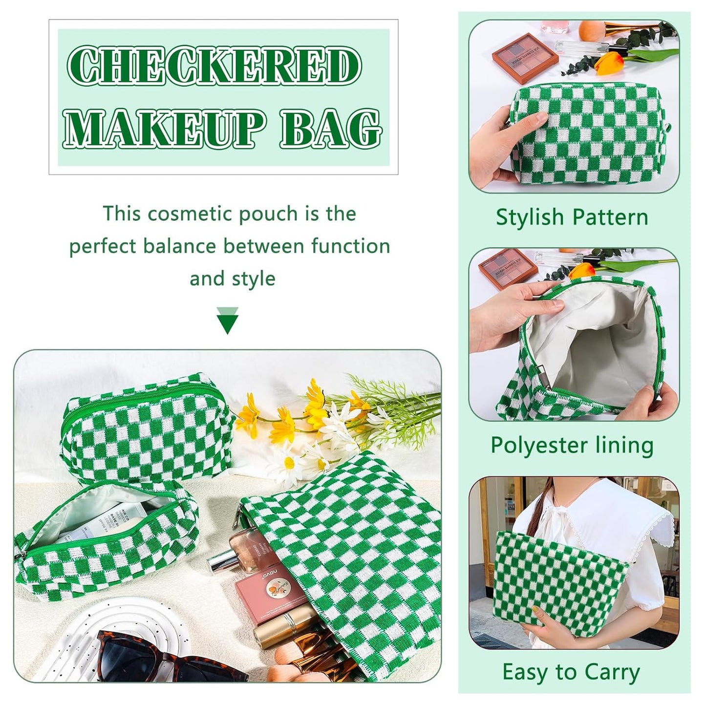 ZLFSRQ 3Pcs Checkered Makeup Bag for Women Large Small Checkered Cosmetic Bag Set Aesthetic Preppy Pencil Case Cute Pencil Pouch Green Makeup Pouch for Purse Travel Toiletry Bags Zipper Skincare Bags