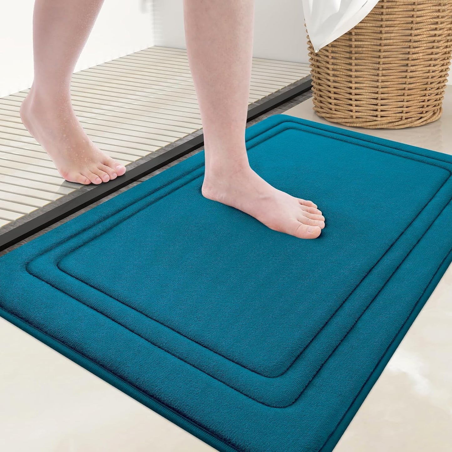 Grandaily Memory Foam Bath Mat Rug 24x16, Ultra Soft, Non-Slip and Absorbent Bathroom Rugs, Machine Wash Dry, Comfortable Bath Carpet for Bathroom Floor, Tub and Shower, Peacock Blue