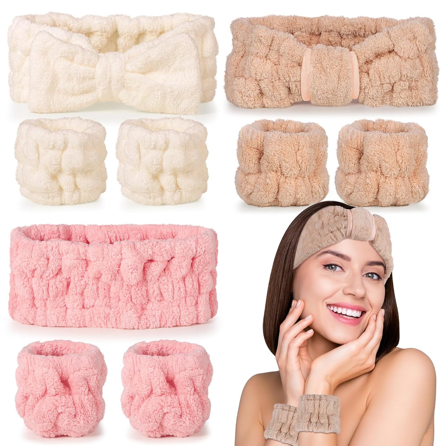 Spa Headband and Wristband Set - 3-Piece Skincare Headbands & 6-Piece Wrist Spa Wristbands for Women,Facial Hairbands for Washing Face, Makeup, Sports, Yoga, Headband for Washing Face