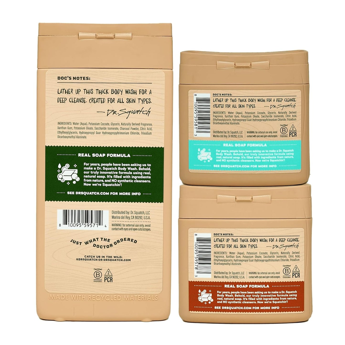 Dr. Squatch NEW Body Wash for Men with Nourishing, Natural Ingredients | No Paraben, Phthalate, Sulfate | Pine Tar (14 oz), Coconut Castaway & Wood Barrel Bourbon (8 oz, 2-Pack) & Body Scrubber