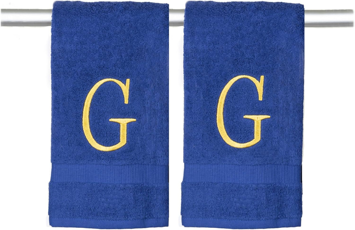 Navy Powder Room Hand Towel - Monogram Initial Hotel Quality Decorative Embroidered Luxury Towel for Spa - GOTS Organic Certified - Set of 2 Gold Letter G