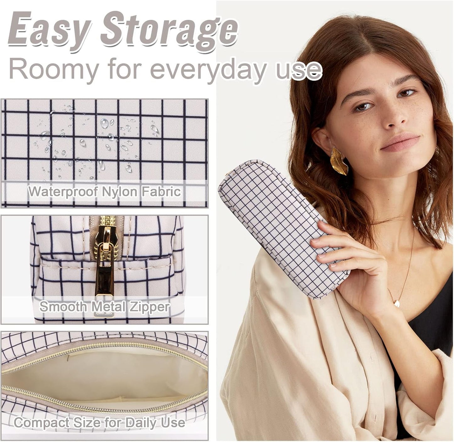 Nylon Slim Makeup Bag, Cute Makeup Brush Bag Checkered Makeup Bag Preppy Cosmetic Zipper Pouch for Purse, Travel Toiletry Bag Coin Pouch Make Up Organizer for Women Men Girls