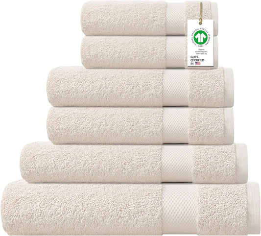 Delara 100% Organic Cotton Towel 650 GSM Plush Feather Touch Quick Dry Towel, 6-Piece Towel Set GOTS Certified, Oeko-Tex Green Certified, 1 Bath Towel, 1 Bath Sheet, 2 Hand Towels & 2 Wash Cloths