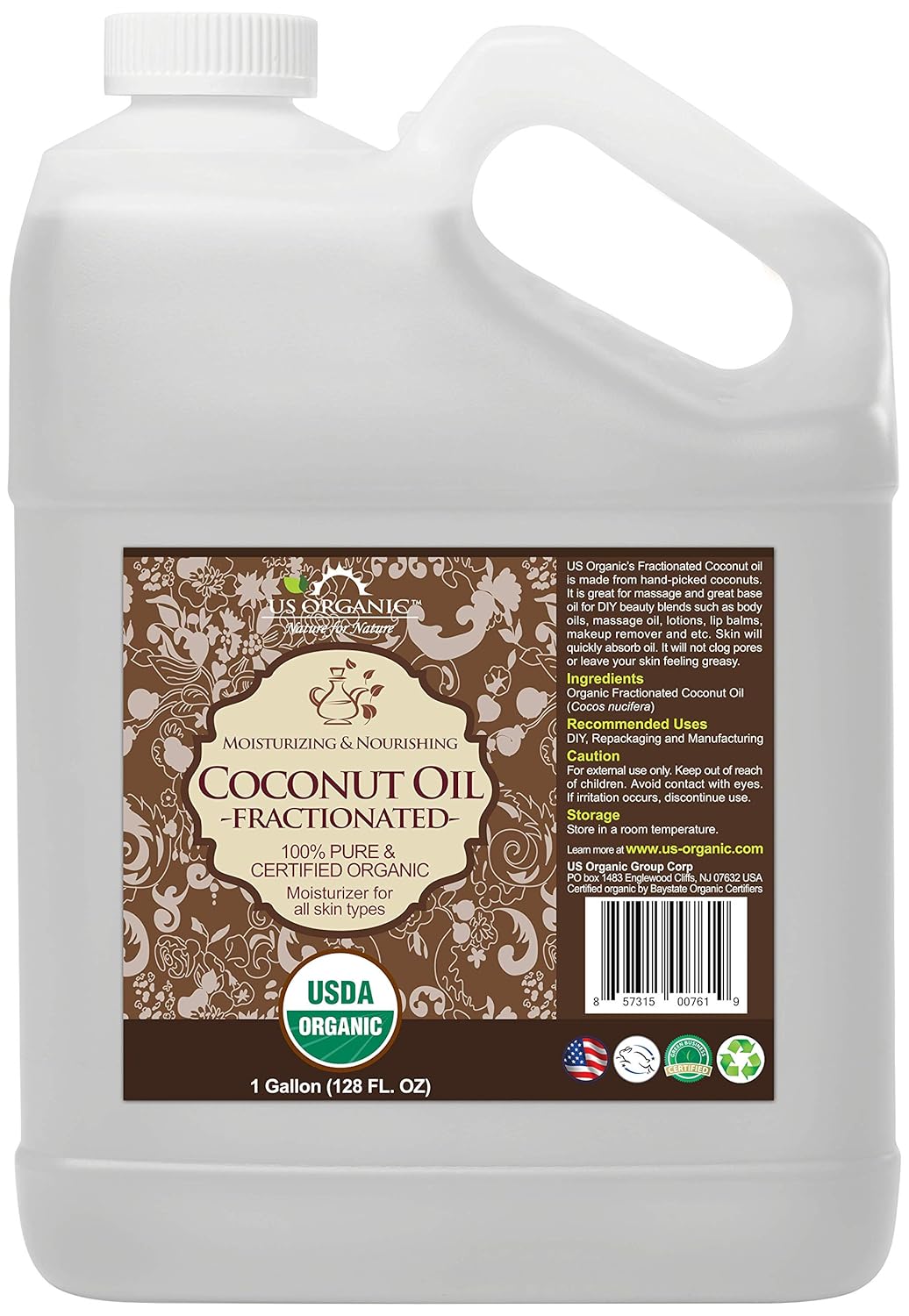 US Organic Fractionated Coconut Oil Bulk Pack, USDA Certified Organic, Non-GMO, Perfect for massage, carrier oil for DIY blends, Hair, Skin care. 100% Pure, Hexane-Free (128 oz (1 Gallon))