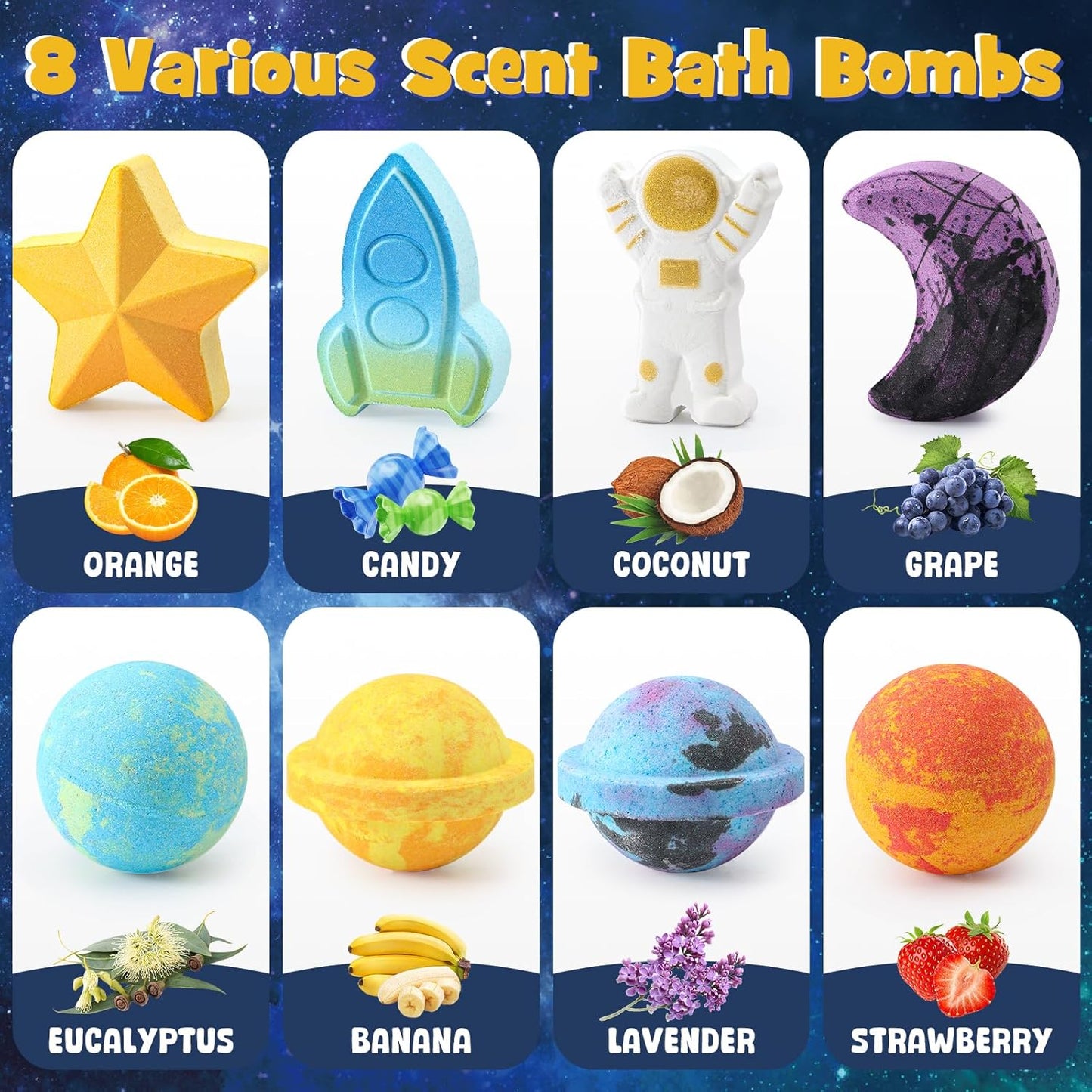 Space Bath Bombs for Kids with Surprise Inside, 8 Pack Kids Galaxy Bath Bombs with Space Toys for Toddler Boys Girls Handemade Rainbow Bubble Bath Fizzies Birthday Christmas Gift Set