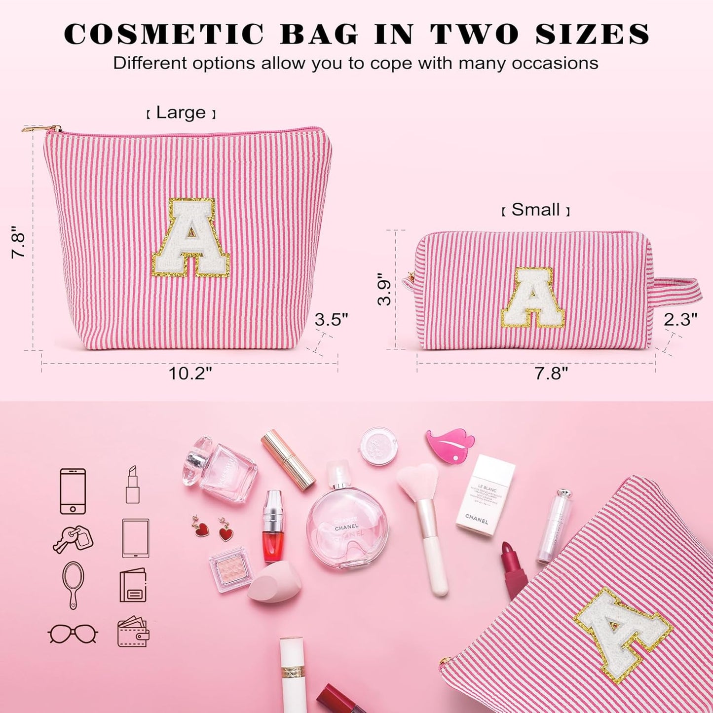 Initial Travel Toiletry Bag for Women - Travel Essentials, Travel Makeup Bag Small Cosmetic Make up Bag Cute Stuff Birthday Gifts for Women Mom Girlfriend Teacher, Pink Letter N