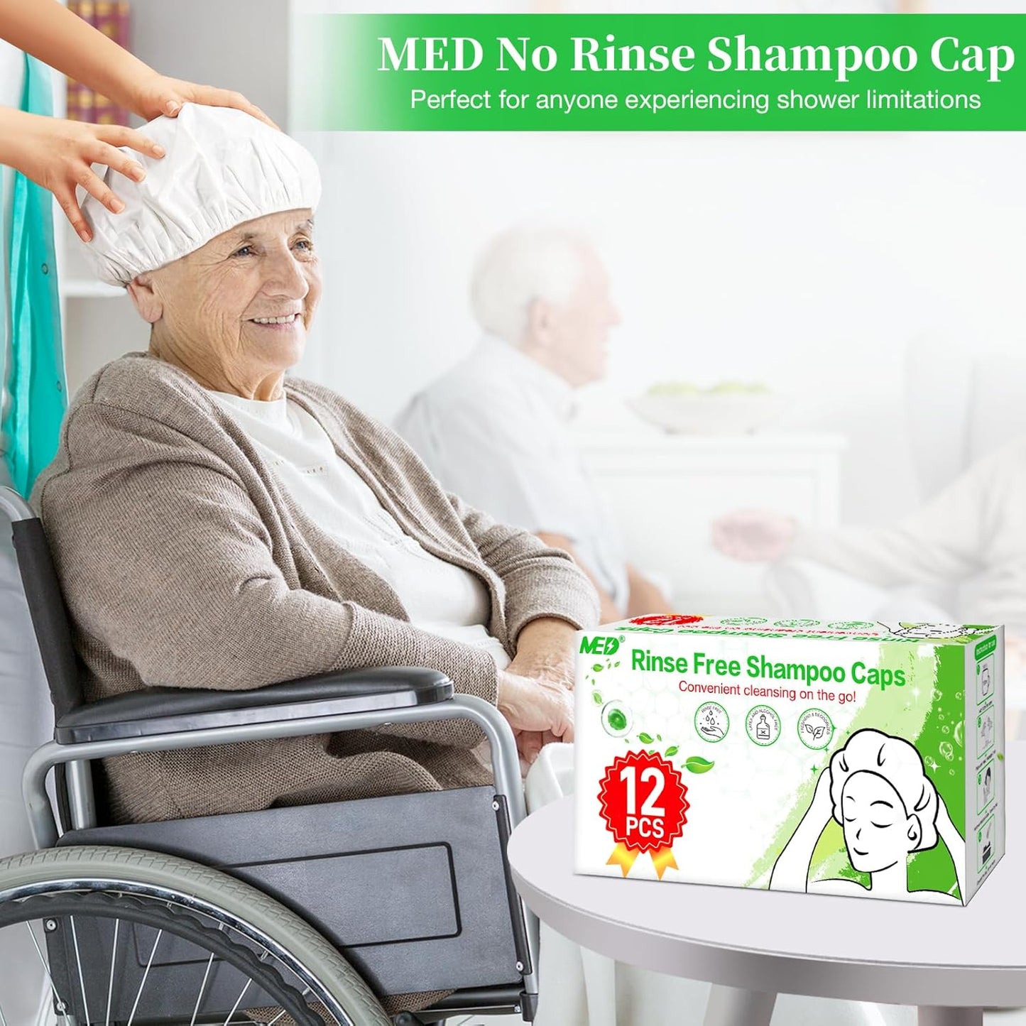 Shampoo Caps No Rinse Waterless Hair Washing Shower Caps 12 Packs for Elderly, Women, Hospital, Camping