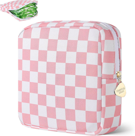 Desing Wish Sanitary Pad Storage Bag Portable Period Bag for Teen Pads/Sanitary Napkins/Small Tampons, Sanitary Napkin Storage Bag First Period Gifts for Teen Girls (Pink-White Checker)