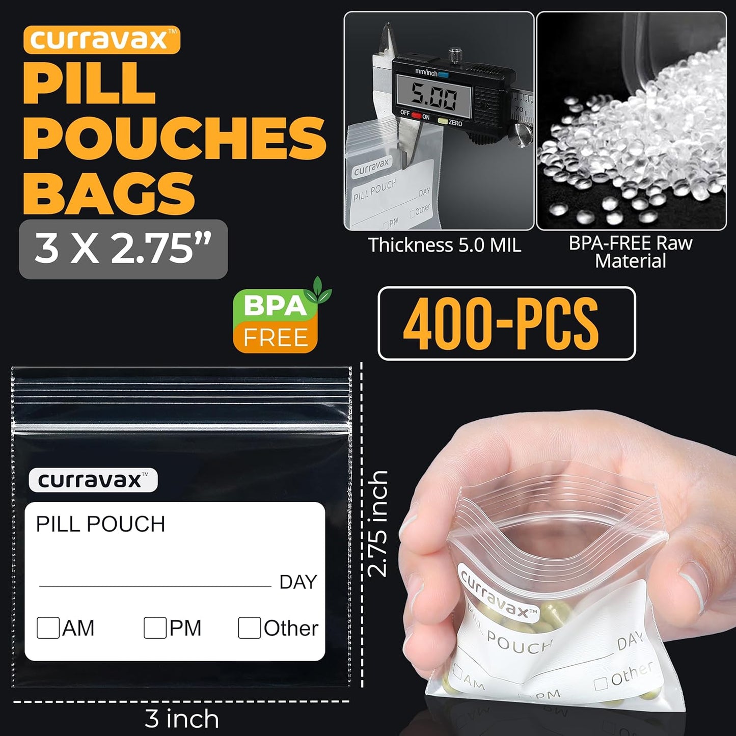 Pill Pouch Bags for Travel Pack of 400 - BPA Free 3 x 2.75 inch Pill Pouch - Pill Pouches for Medicine with Write on Label –Clear Ziplock Pill Baggies for Travel Medicine Organizer