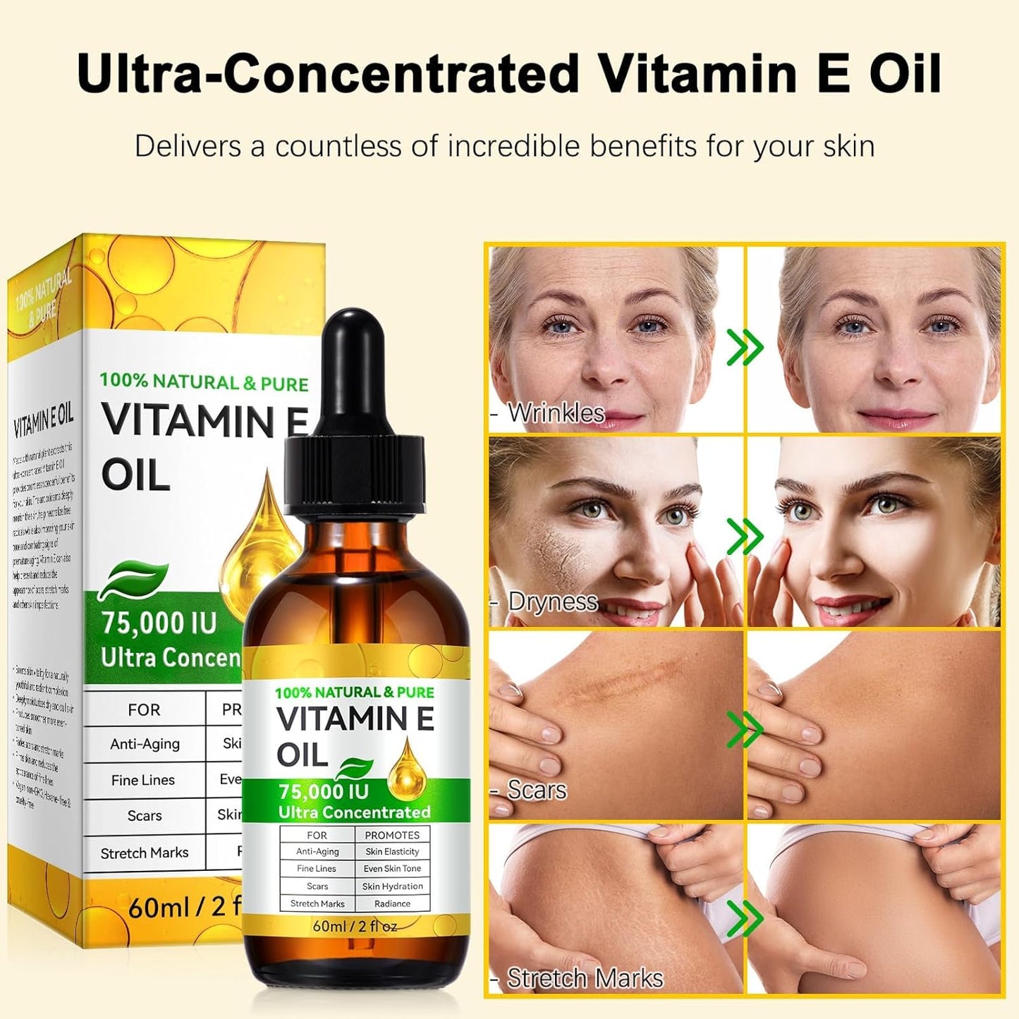 Vitamin E Oil Blend 75,000 IU, Vitamin E Oil for Skin, Face and Scars, Body Bath Oils Moisturizing Dry Skin, Easy to Absorb, 2Fl Oz (Pack of 2)