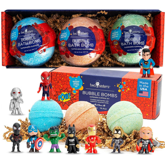 Superhero Bath Bombs for Kids with Surprise Toys Inside (3 Pack) - Large Bubble Bomb for Boys & Girls - Fizzies, Relaxing Aromas, Made in USA, Skin-Safe, Stain-Free by Two Sisters