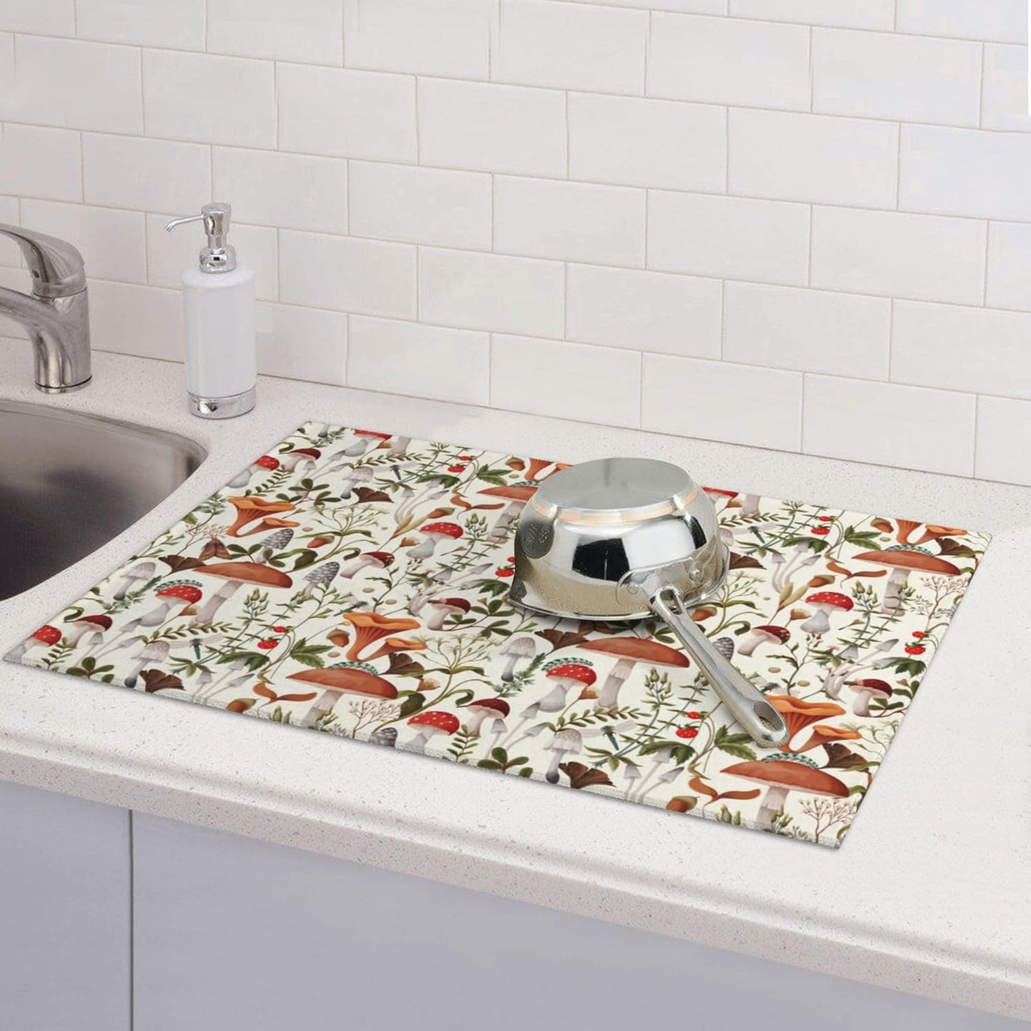Boho Mushroom Decor Microfiber Dish Drying Mat for Kitchen Counter 18"x24" Botanic Plant Beige Dishes Pad Dish Drainer Rack Mats Washable Absorbent Fast Dry