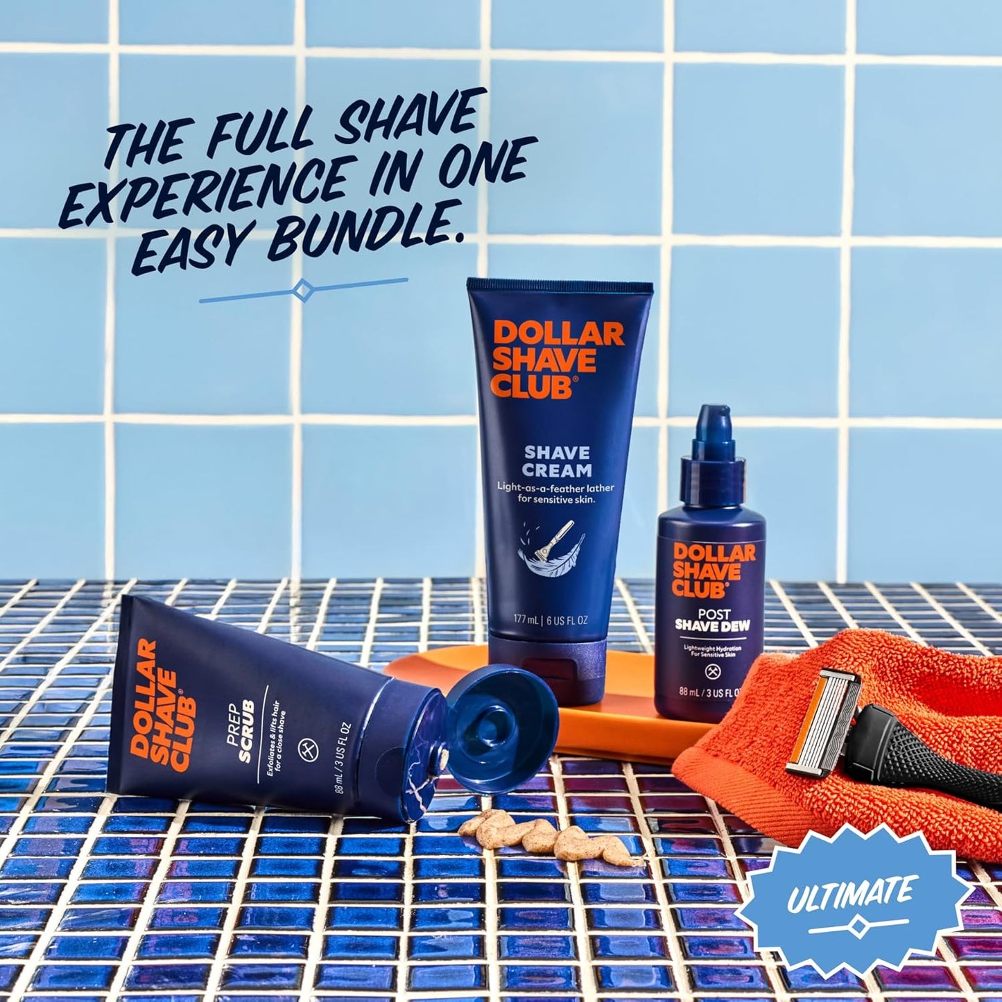 Dollar Shave Club | Ultimate Shave Set | 4 Extra Close Refill Cartridges, 1 Handle, 1 Prep Scrub 3 ounce, 1 Shave Cream 6 ounce, 1 Post Shave Dew 3.4 ounce