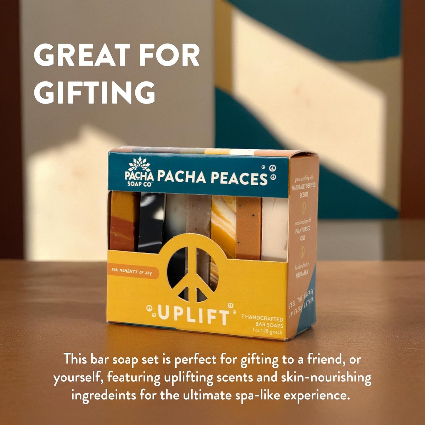 Pacha Soap Co. Bar Soap, Pacha Peaces, Uplift, 2-Pack (4 oz ea) - Premium, Handcrafted, Hydrating, Natural Face Wash, Hand Cleanser, Body Wash, Soothing Essential Oils