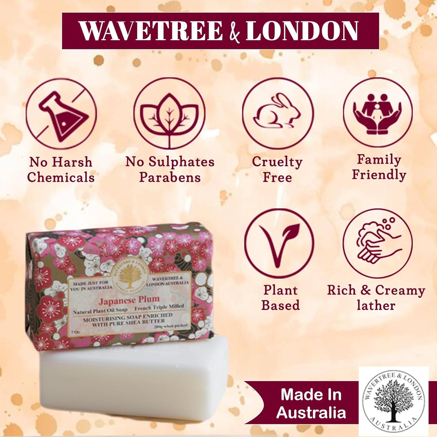 Wavertree & London Japanese Plum Scented Natural Soap (8 Bars), 7oz Moisturizing French Triple Milled Soap Bars enriched with shea butter - Pure Plant Oil Bath & Body Bars for All Skin Types