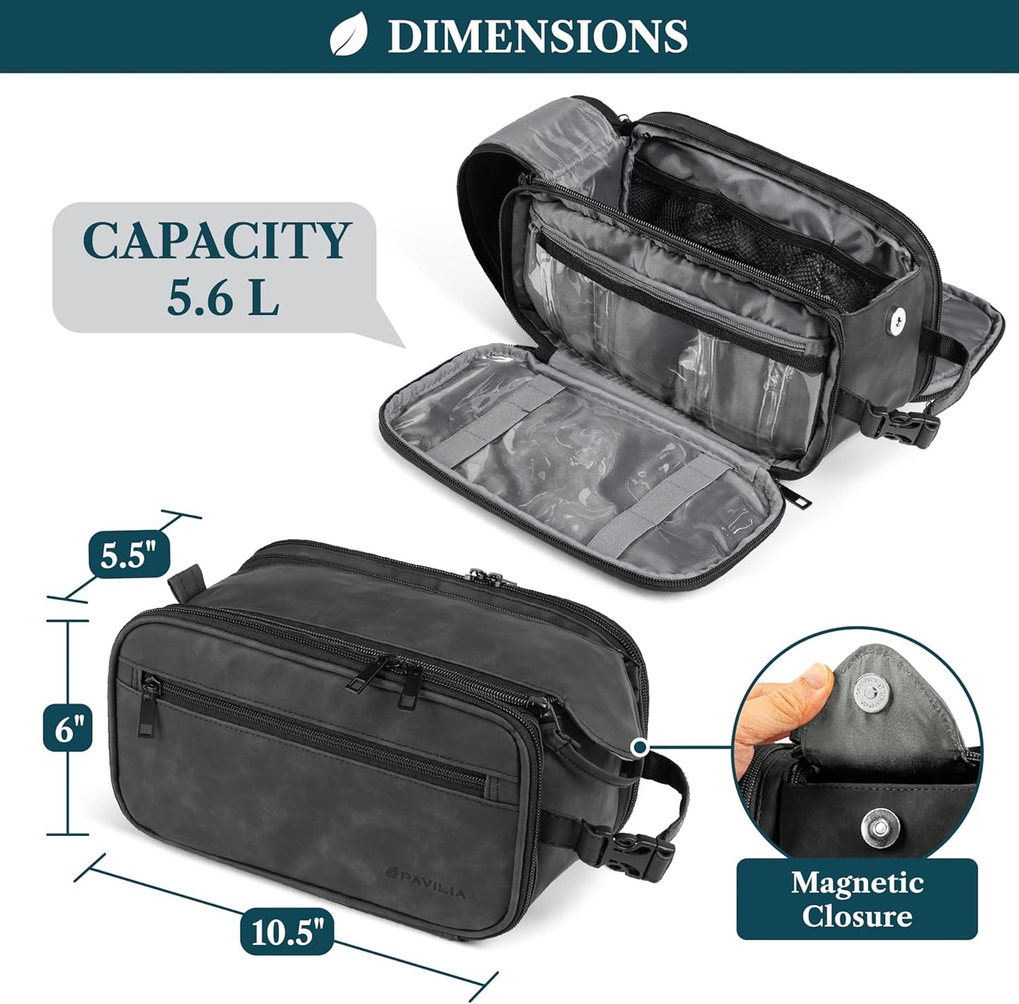 PAVILIA Toiletry Bag for Men Women, Mens Travel Bag Toiletries Organizer Case for Grooming, Travel Essentials Shaving Dopp Kit, PU Leather Water Resistant Cosmetic Pouch, Black