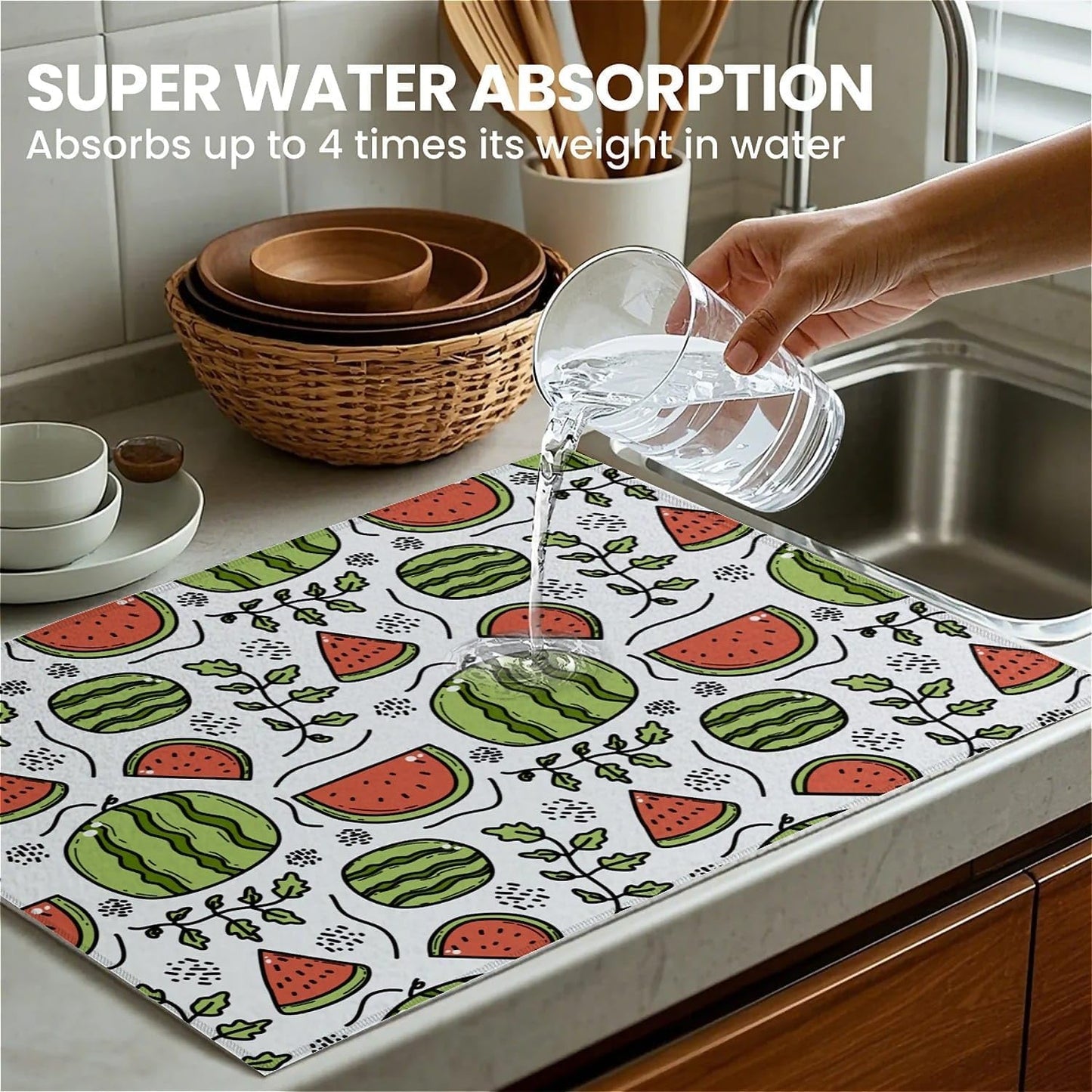 Dish Drying Mat For Kitchen Counter, Cute Watermelon Microfiber Absorbent Dish Drainer Rack Pad Reusable Large 18x24in Drying Mat