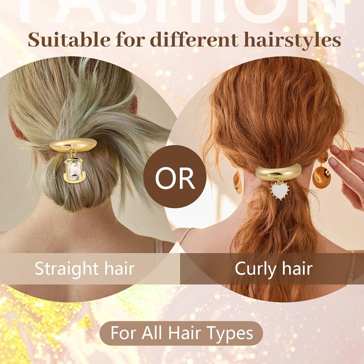 3PCS Gold Hair Ties, Metal Hair Ties for Thick Hair, Gold Ponytail Cuff Elegant Durable Geometric Design, Hair Accessories for Women, Stretchy & Non Damage Ponytail Holders with Pendant Holiday Gifts