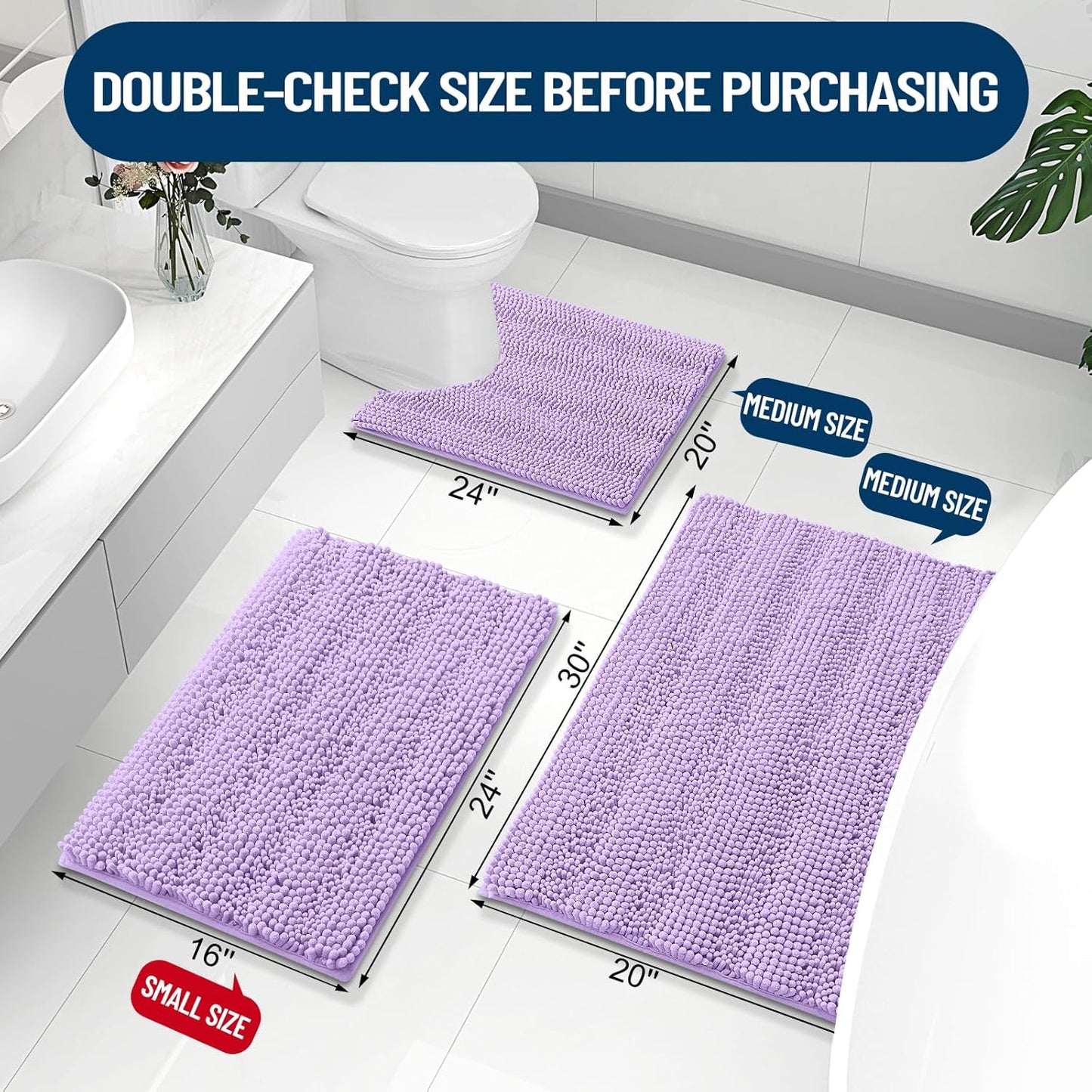 Grandaily Chenille Striped Bathroom Rugs 36x24, Extra Thick and Absorbent Bath Mats, Non-Slip Soft Plush Shaggy Shower Carpet, Machine Wash Dry, Bath Rug for Bathroom, (Large, Purple)