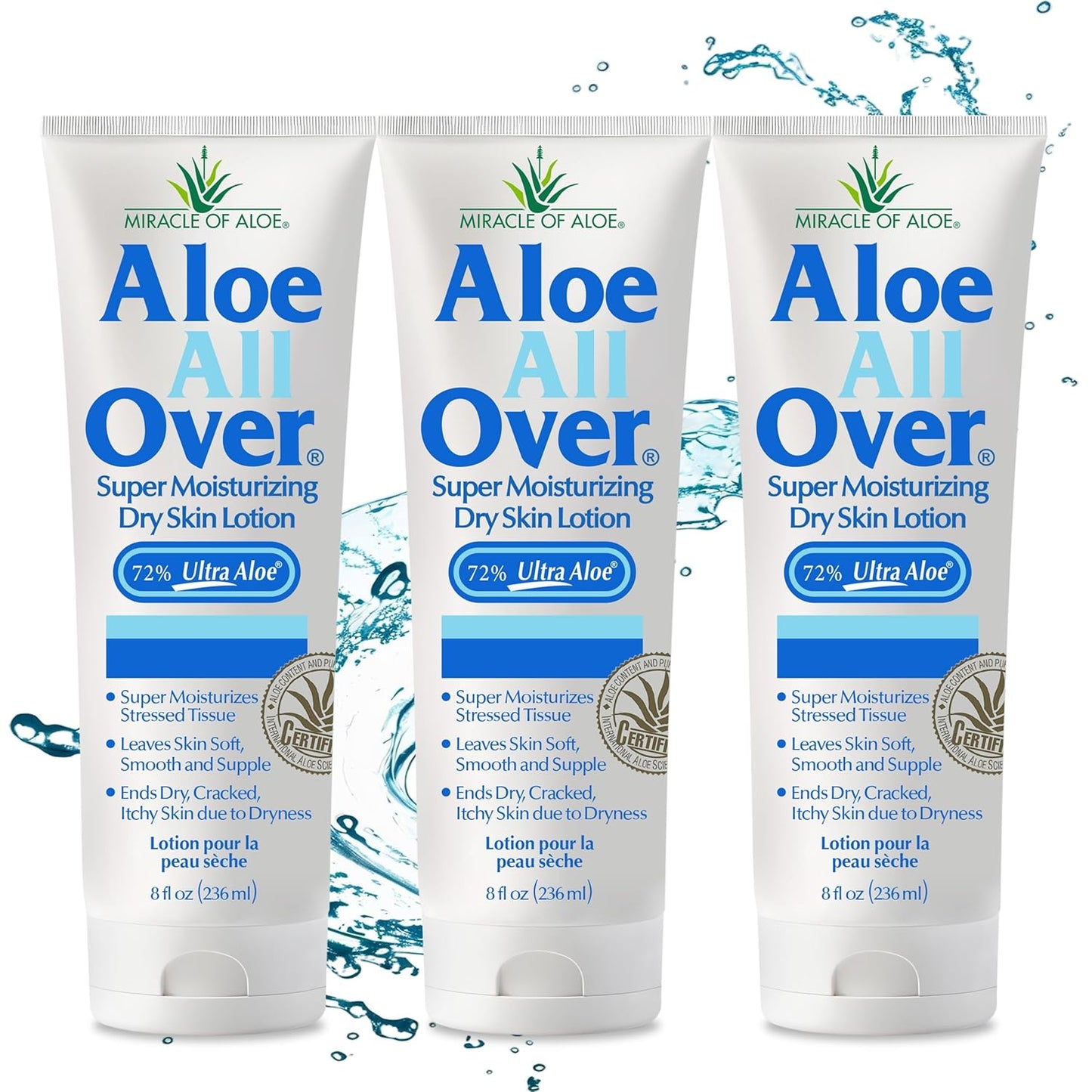 Aloe All Over Super Moisturizing Dry Skin Lotion, 3-Pack, 8 oz, 72% Aloe Vera Gel. Safe for Everyone, Ends Flaking and Restores Dry Skin Fast