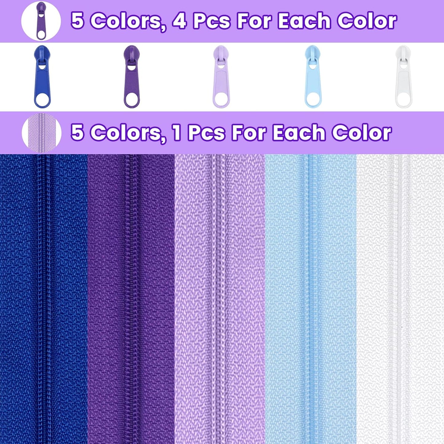 DOITEM 15.3 Yards/ 14 m 5 Pieces Assorted Colors #3 Nylon Coil Zippers, Sewing Zippers Endless Zips with 20 Pieces Zipper Sliders Zip Heads for DIY Sewing Tailor Craft Supplies (Purple Blue White)