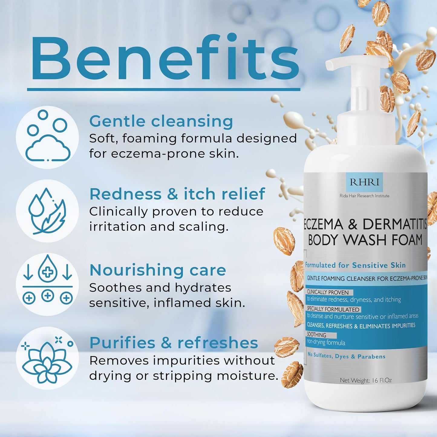 Eczema Body Wash Sensitive Skin | Eczema Treatment | Foaming Cleanser For Eczema Prone Skin | Soothes Dryness & Itching, Gentle On Eczema & Dermatitis, Sulfate-Free With Free Scrubber Brush