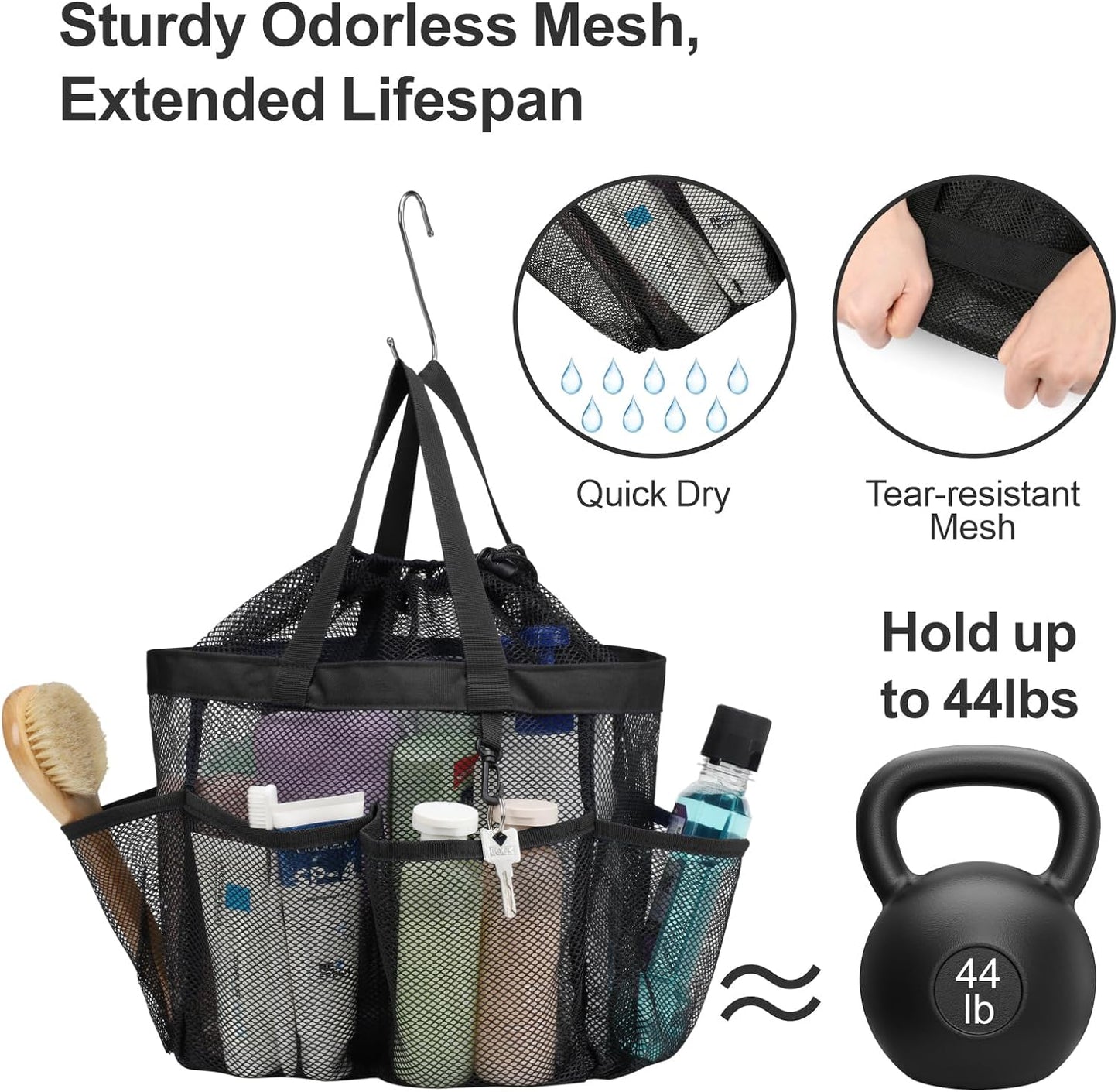 F-color Mesh Shower Caddy Portable with Drawstring - Upgrade Deeper 7 Pockets Dorm Room Essentials for Guys Girls with S Hook, Shower Bag Basket Tote for College Camping Toiletry Bathroom, Black