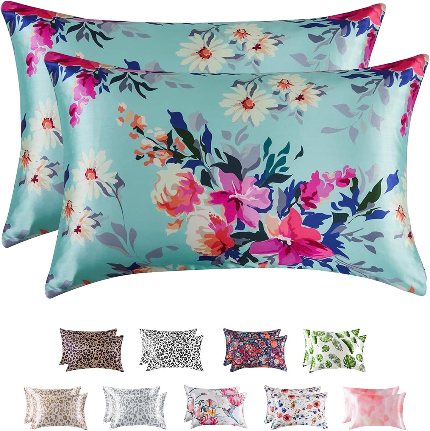 MR&HM Satin Pillowcase for Hair and Skin, Silk Satin Pillowcase 2 Pack, King Size Pillow Cases Set of 2, Silky Pillow Cover with Envelope Closure (20x40, Floral Green)