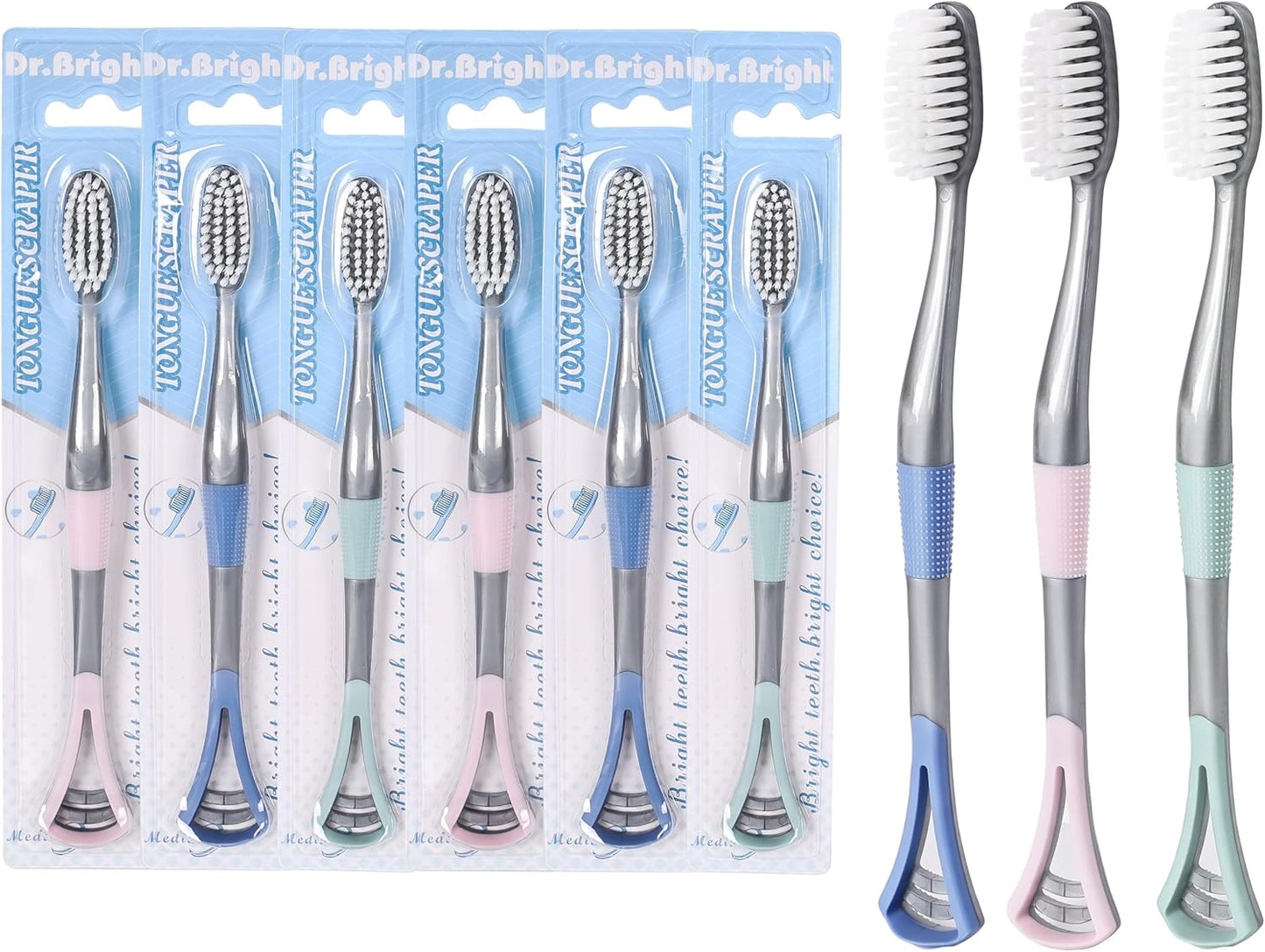 2IN1 Toothbrush Medium with Tongue Scraper, Medium Toothbrushes for Adults, Travel Toothbrushes with Ergonomic Handle, Assorted Colors, 6 Pack