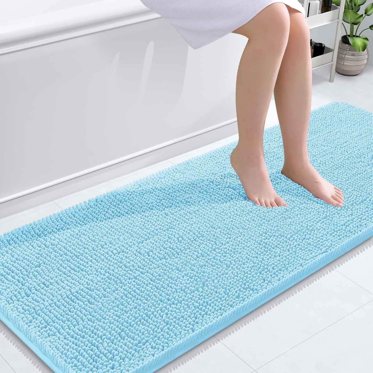 OLANLY Bathroom Rugs 59x24, Extra Soft Absorbent Chenille Bath Rugs, Rubber Backing Quick Dry, Machine Washable Bath Mats for Bathroom Floor, Tub and Shower, Home Decor Accessories, Sky Blue