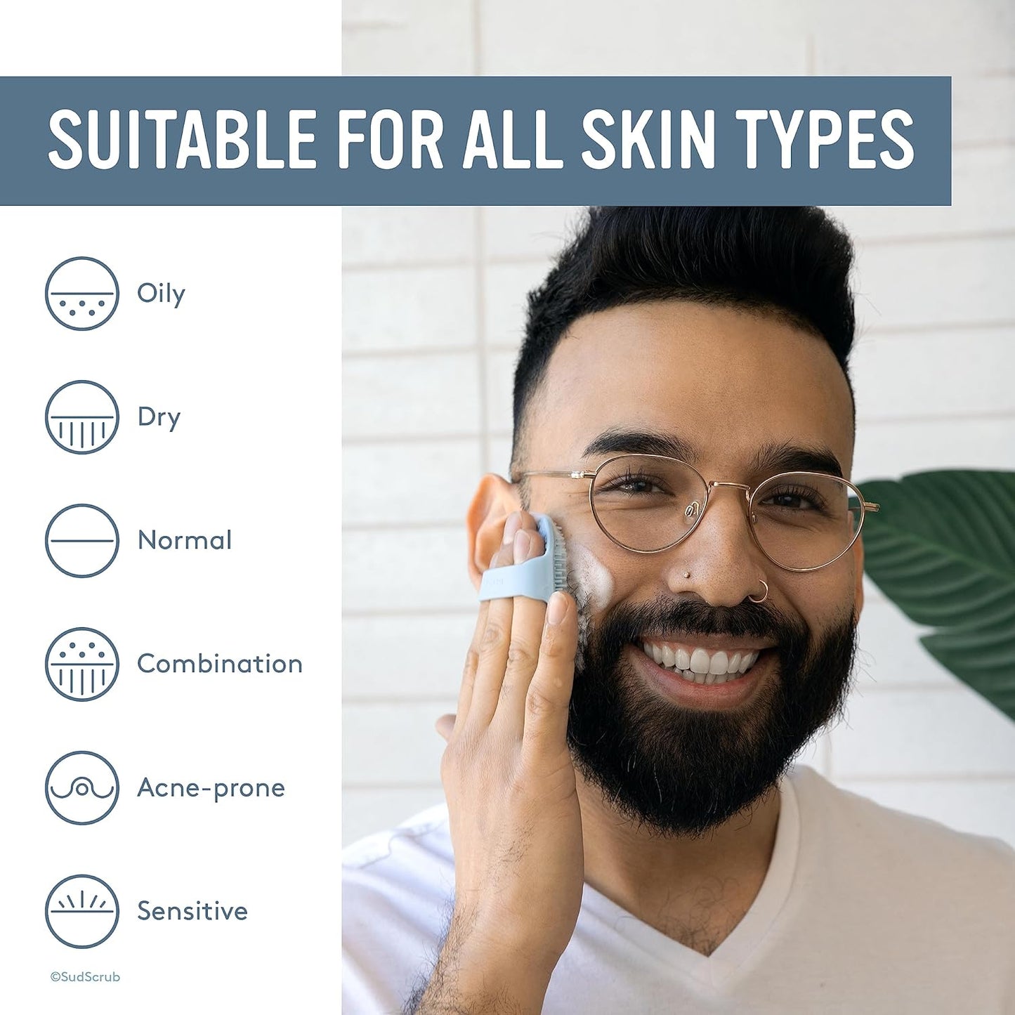 Sud Scrub® Antimicrobial Silicone Face Scrubber, 1 Pack, Gentle Face Exfoliator for Sensitive Skin, Eco Friendly Facial Cleansing Brush, Exfoliating Face Brush for Men and Women (Blue)