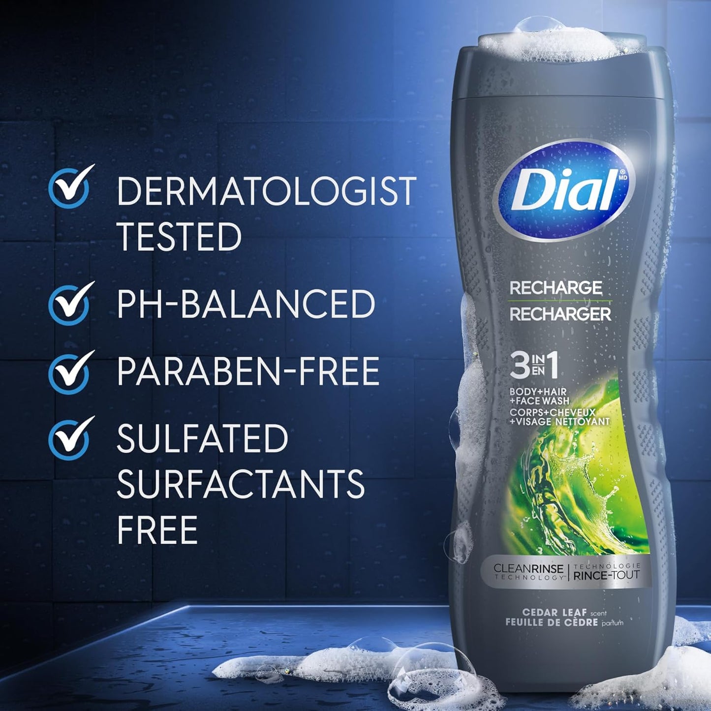 Dial Men 3 in 1 Body, Hair and Face Wash, Recharge, 16 Fl Oz (Pack of 4), Cedar Leaf Scent, Cleanses Deep + Gentle on Skin with Clean Rinse Technology