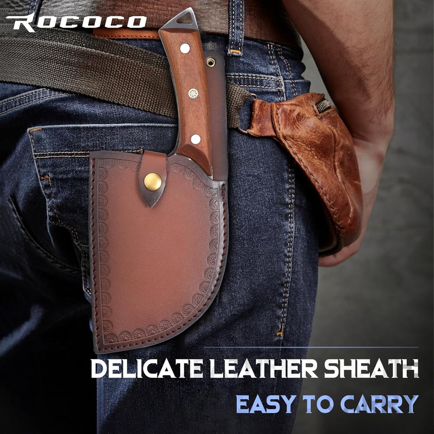 ROCOCO Serbian Chef Knife Butcher Cleaver Knife with Sheath for Kitchen Outdoor BBQ Camping Birthday Father Mother Christmas Gift Men 6.2"