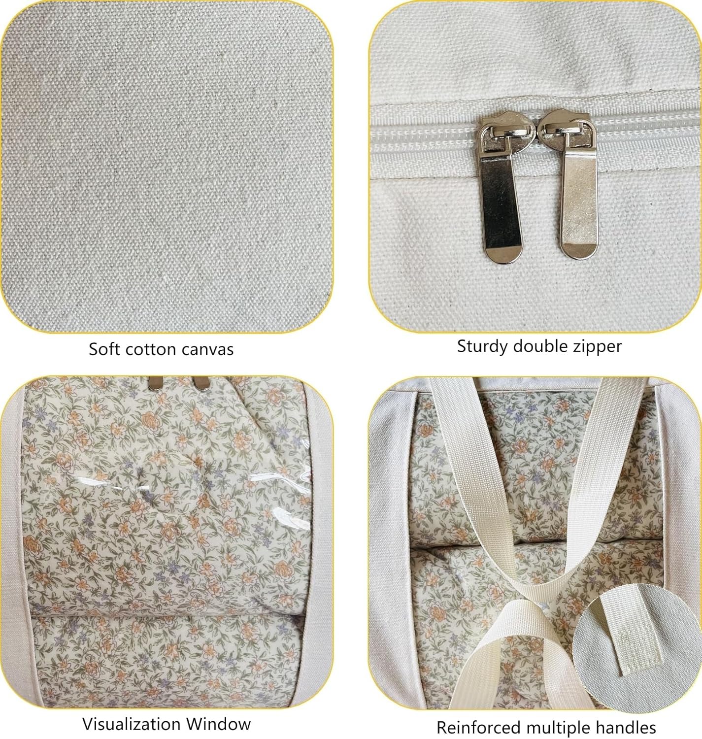 Soft Large Canvas Storage Bags with Zipper and Clear Window, Cotton Linen Storage for Pillows, Quilt, Blankets and Comforter, 80L, 4 Pack, Beige