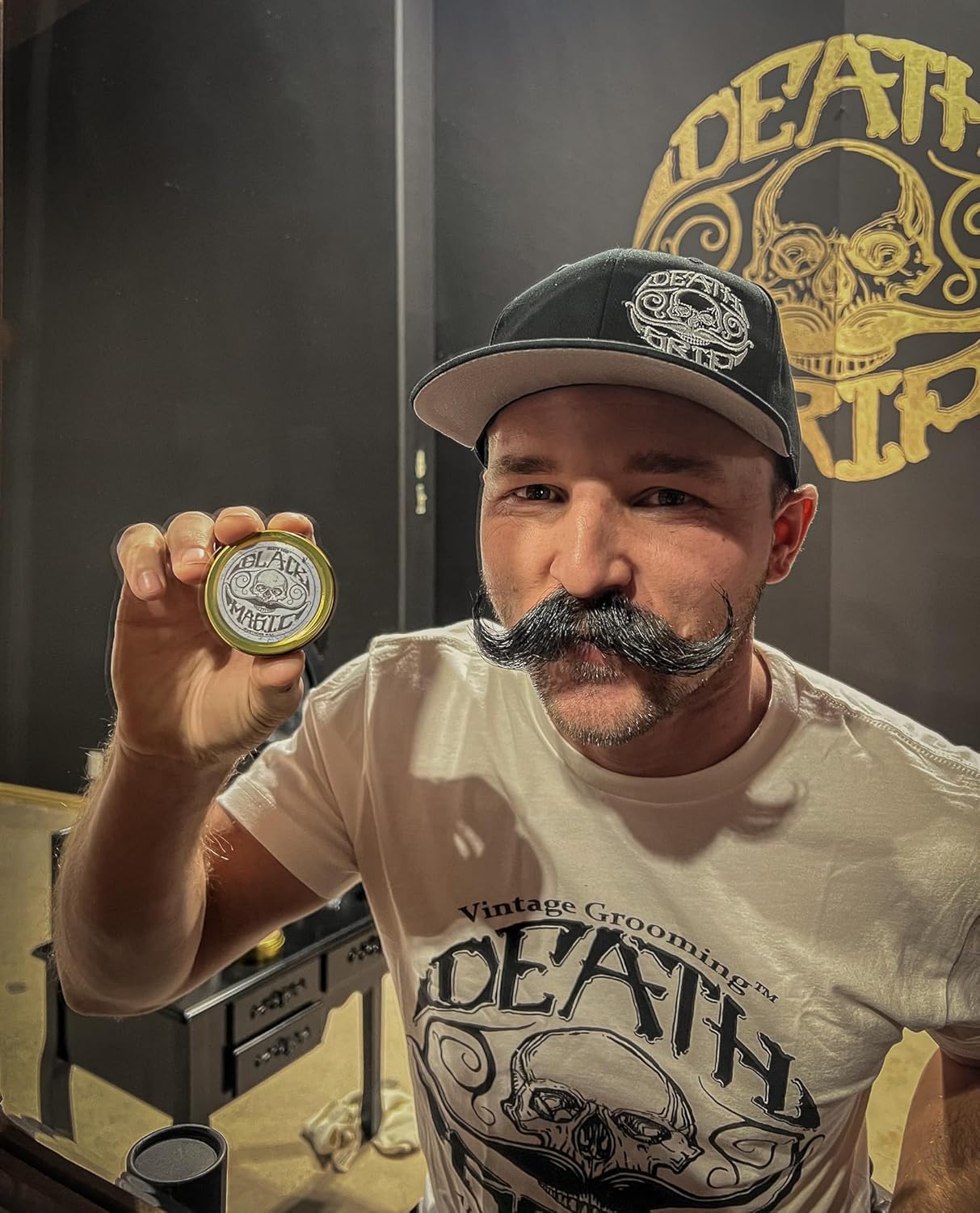 Black Mustache Wax | Black Magic Death Grip Moustache Wax | Hide Grey Hair In Beard Or Moustache | Extra Strong Hold Mustache Wax Unscented | 1 oz Tin Heat Source Required (Black Magic Bare Bones)