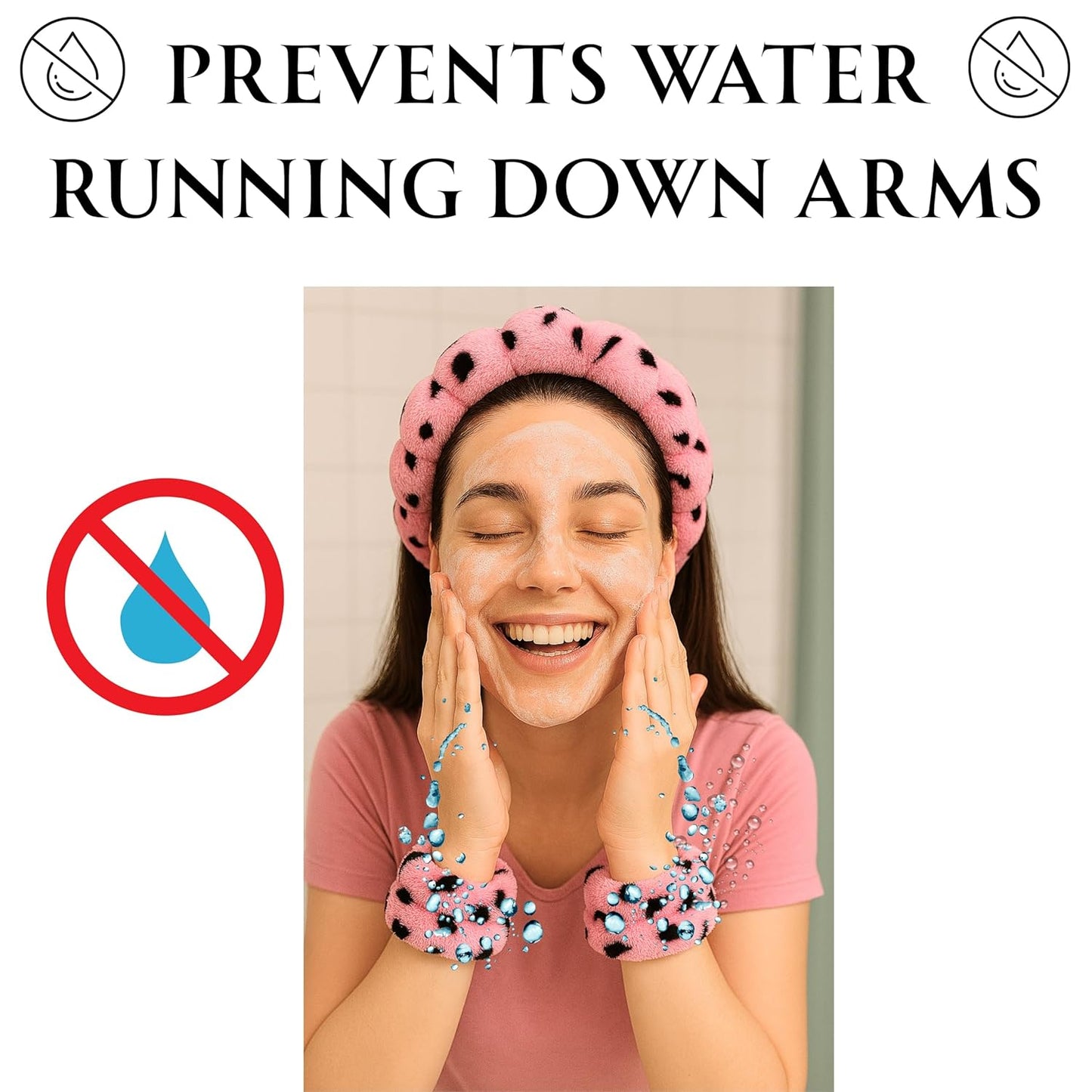 Spa Headband Wrist Band for washing face set Sponge Makeup Skincare Headband Wrist Towels Bubble Soft Terry Towel Cloth Hairband for Women Puffy Headwear Non Slip Thick Thin Hair Headwear (Leopard)