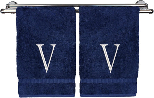 Monogrammed Hand Towel, Personalized Initial Gift, Extra Absorbent 100% Turkish Cotton - Soft Terry Finish - Set of 2 - White Block Initial V - Embroidered on Navy Blue Towels