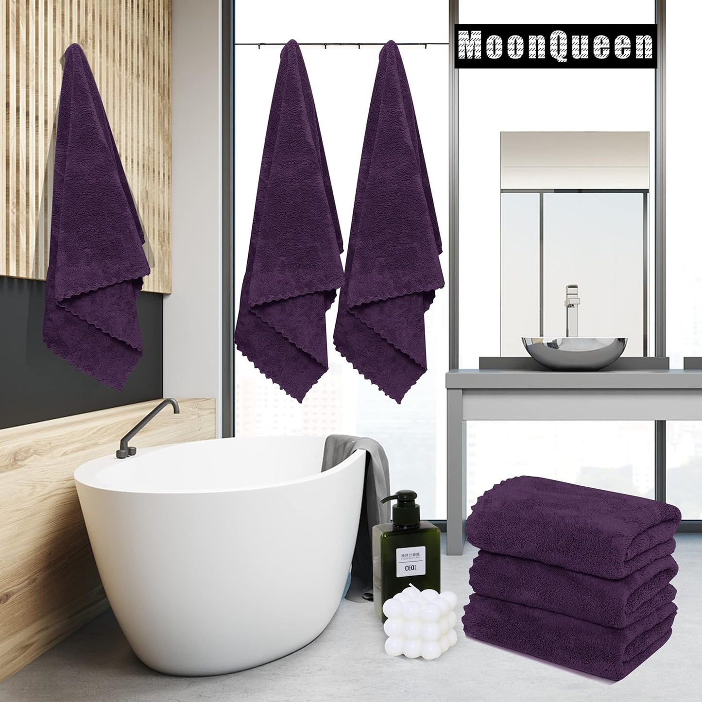 MOONQUEEN 6 Pack Premium Bath Towel Set - Quick Drying - Microfiber Coral Velvet Highly Absorbent Towels - Multipurpose Use as Bath Fitness, Bathroom, Shower, Sports, Yoga Towel (Grape Purple)