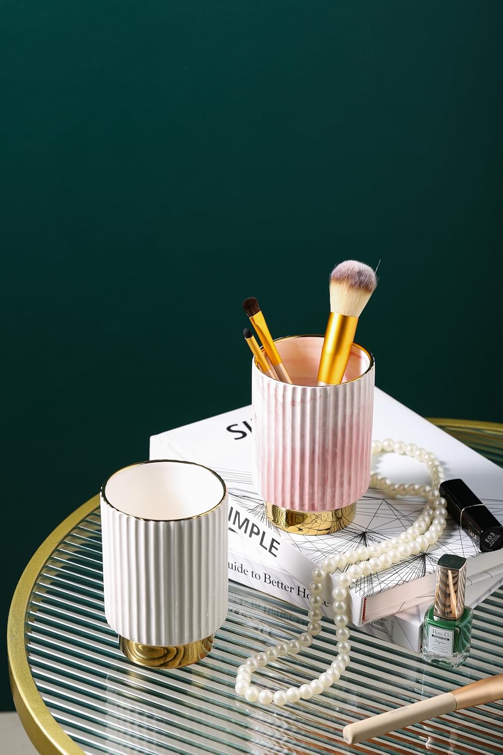 IEEK Pink and Gold Makeup Brush Holder Organizer,Glass Cosmetics Brushes Cup Eyebrow Pencil Pen Container,European Style Striped Brushes Storage,Ceramics Decor for Bathroom Dresser Vanity Desktop