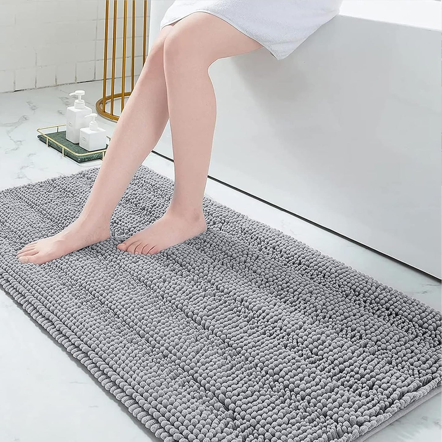 Grandaily Chenille Striped Bathroom Rugs 59x24, Extra Thick and Absorbent Bath Mats, Non-Slip Soft Plush Shaggy Shower Carpet, Machine Wash Dry, Bath Rug for Bathroom, Light Grey