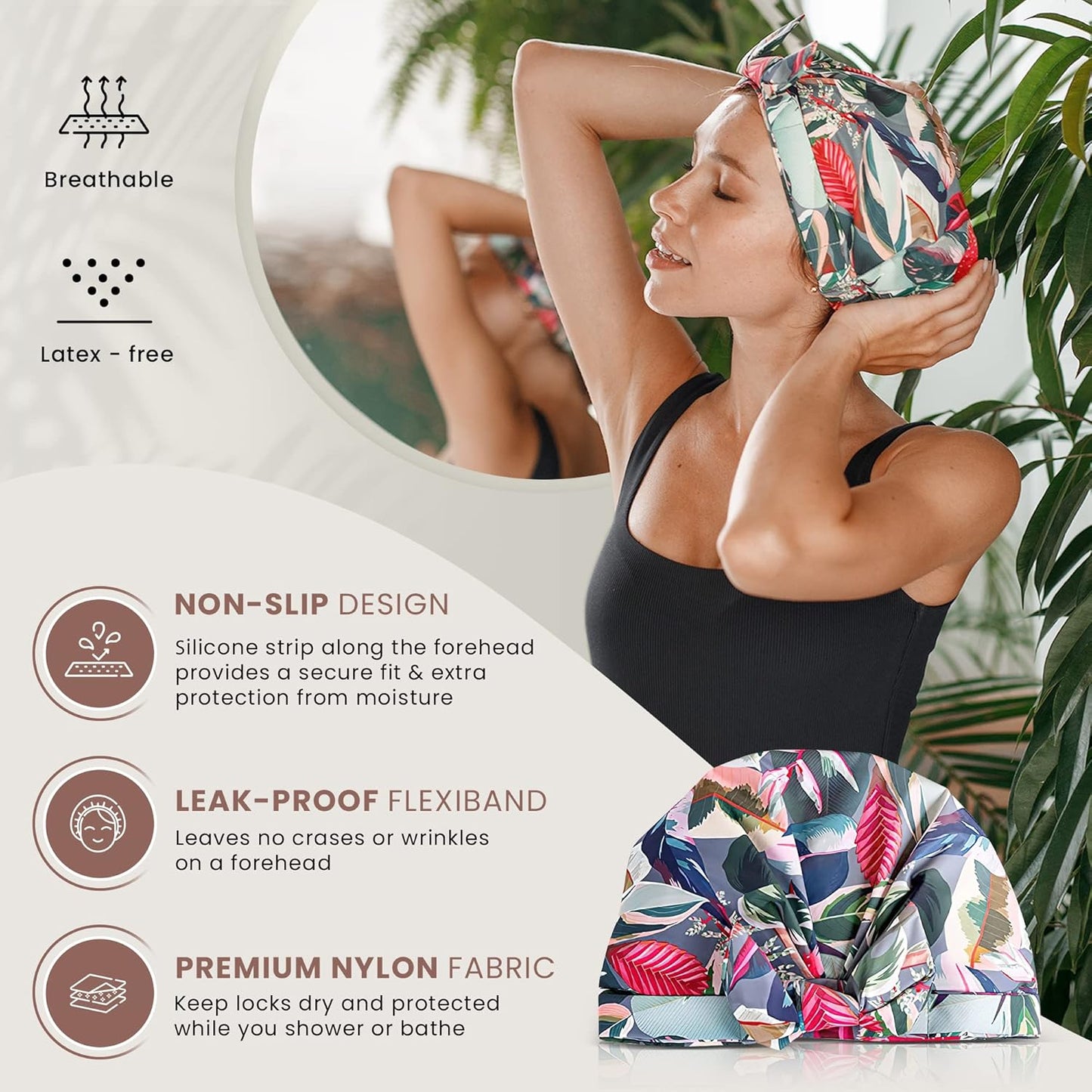 Reusable Shower Cap for Women Reusable Waterproof – Leakproof, Nonslip Hair Cap for Shower Flexiband – Soft, Breathable, Durable Mother’s Day Shower Caps by SMPL OBJECTS