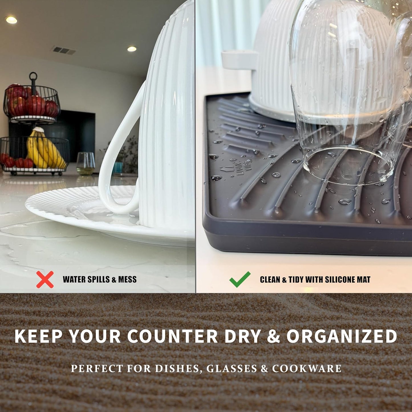 Silicone Dish Drying Mat with Drain, Self-Draining, Heat Resistant & Non-Slip Kitchen Counter Mat, Easy to Clean, Reusable, (19.3'' x 13'', Charcoal Grey)