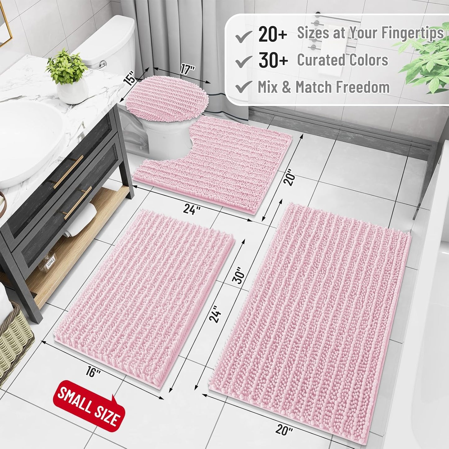 Arotive Luxury Chenille Bathroom Rug Mat, Extra Soft Thick Absorbent Shaggy Bath Rugs, Non-Slip Machine Wash Dry, Plush Bath Mats for Bathroom, Shower and Tub, 30x20, Pink