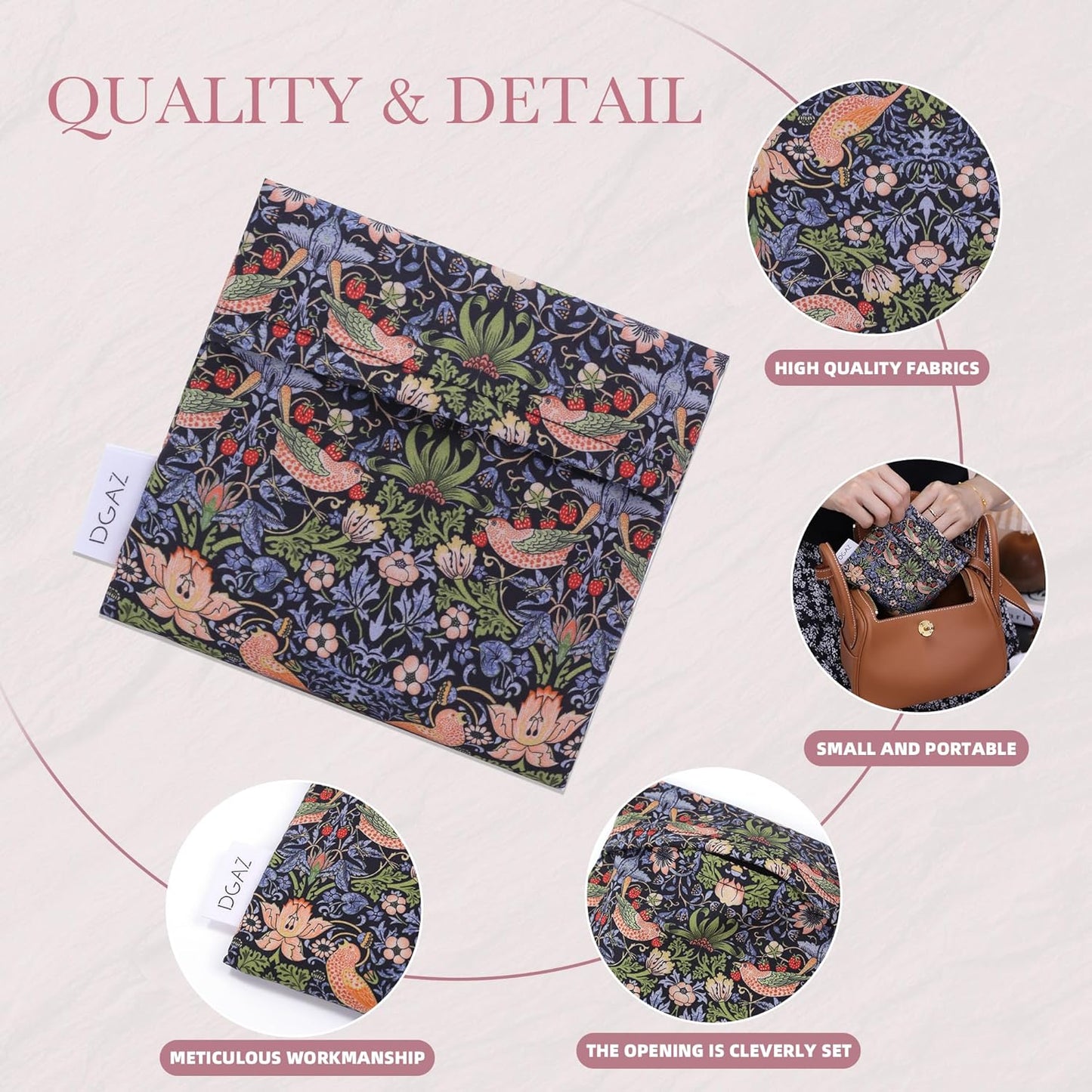 DGAZ Sanitary Napkin Storage Bag, Period Bag for Teen Aged Girls, Portable Period Bag for Panty Liners/Menstrual Cup/Small Tampons，Mini Makeup Bag for Purse(Retro bird)